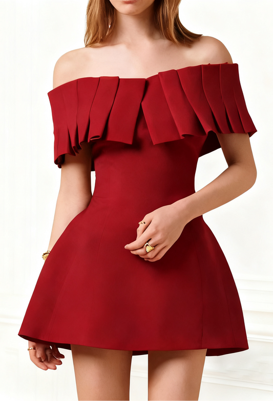 Marcia Off-Shoulder Pleated Mini Dress in Red Avalabel