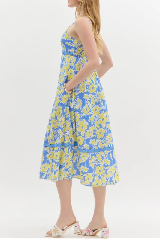 Wallis Floral Print HHollow Midi Dress in Blue