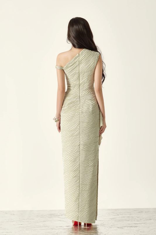 Thea Mustard Green Textured One‑Shoulder Ruched Waist Asymmetrical Maxi Dress - Avalabel
