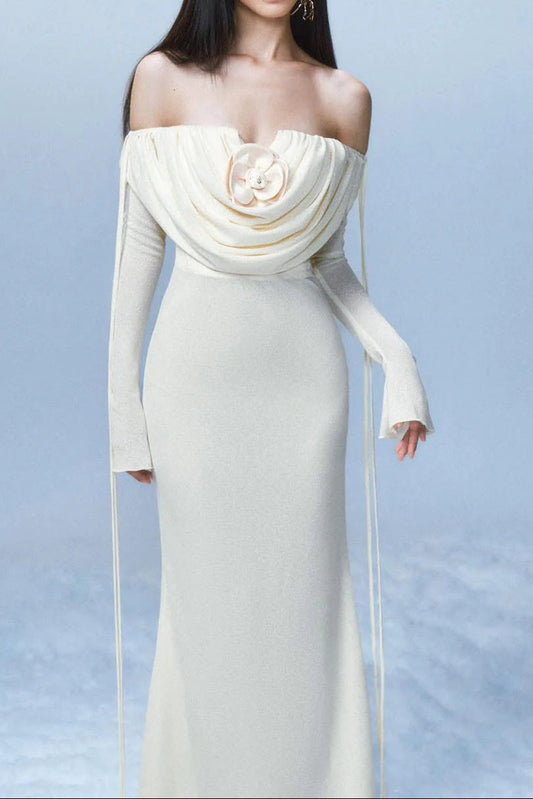 lila flower embellished pleated strapless maxi dress in white Avalabel