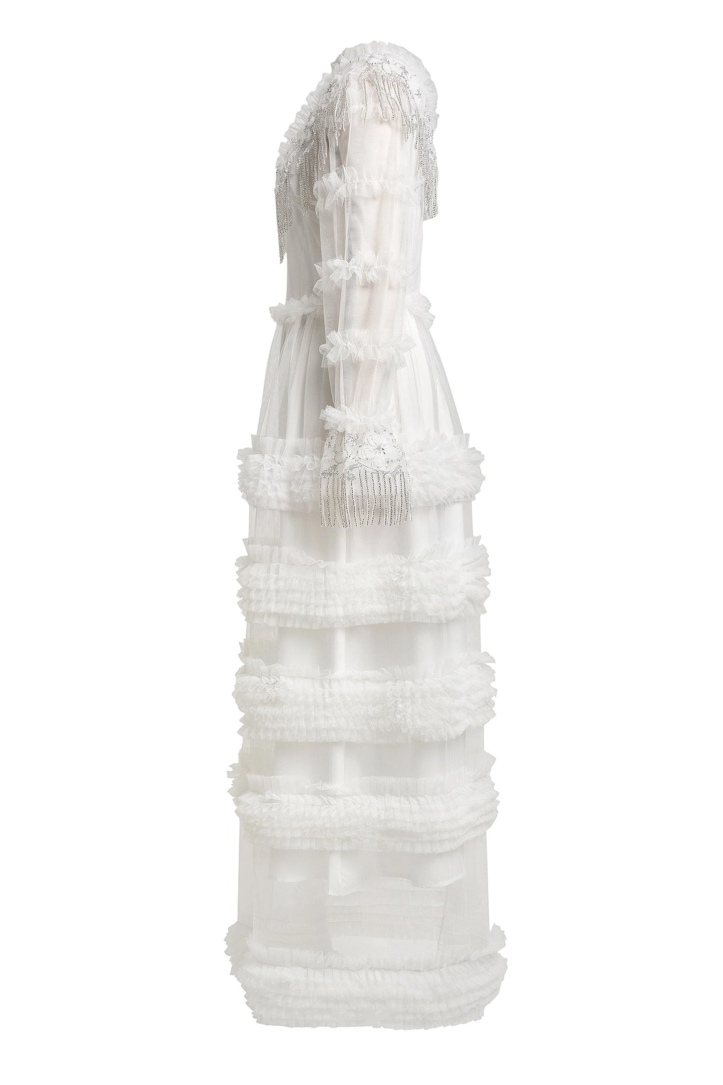 Kimberley White Beaded Frill Round Neck Midi Dress Avalabel