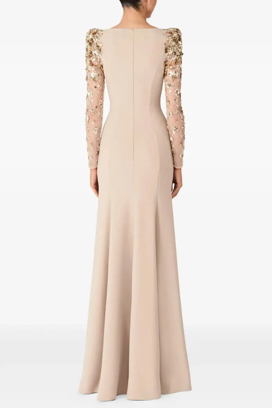 martha Mesh splicing beading diamond maxi dress in apricot Avalabel