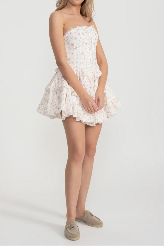 Martha Ruffle Printed Strapless Mini Dress in Pink Avalabel