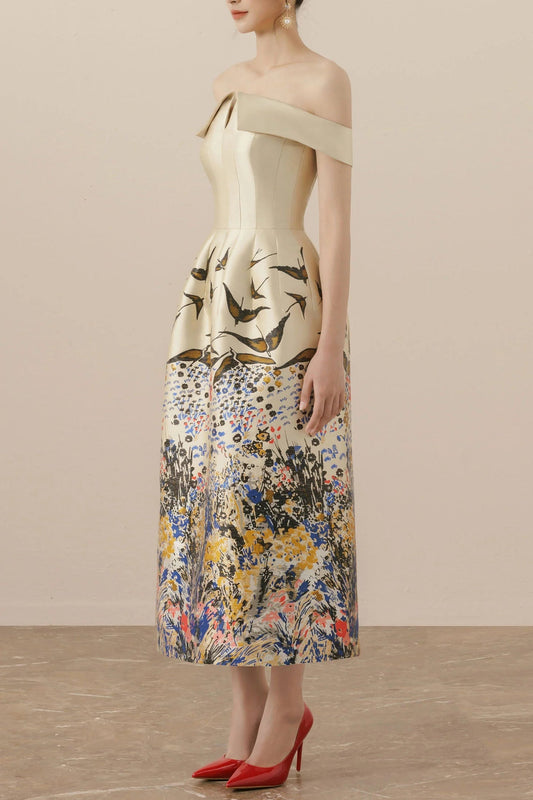 Nina Retro Floral Print Off-Shoulder Idi Dress in Apricot
