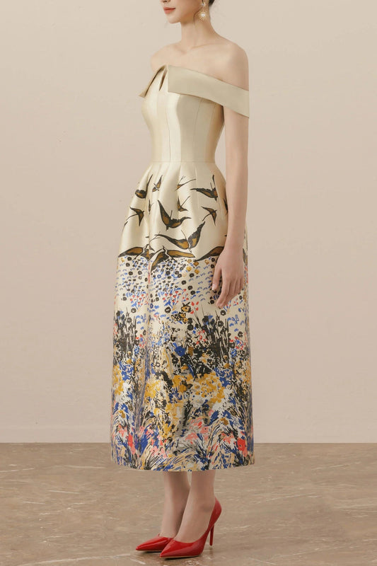 Nina Retro Floral Print Off-Shoulder Idi Dress in Apricot Avalabel