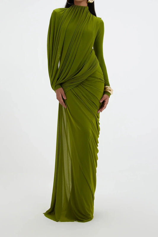 liz High Neck Asymmetric Drape ruched Maxi Dress in green Avalabel