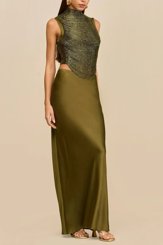 Sleeveless Turtleneck Tassel Paneled Top and Satin Skirt Set in green Avalabel