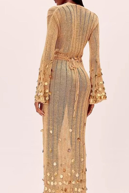 elma Golden Aura v-neck Knitted maxi Dress Avalabel