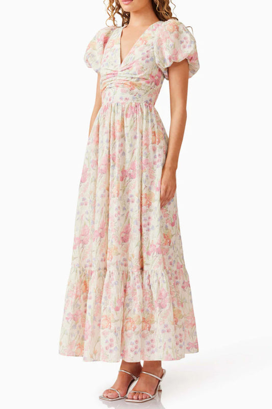 V-Neck Puff Sleeves Floral Maxi Dress in Pink Avalabel
