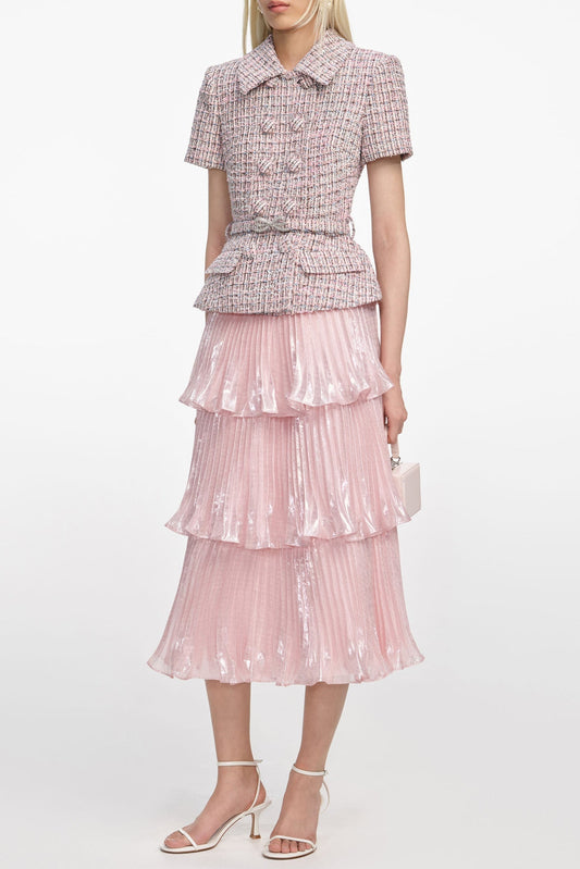 beulah Pink Boucle Metallic Tiered Midi Dress Avalabel