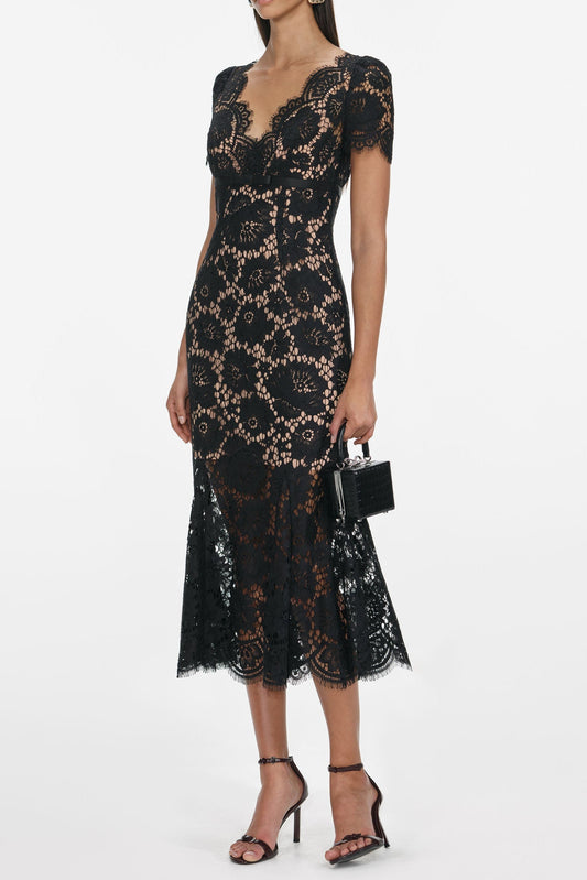 ashley Floral Lace hollow Midi Dress in black Avalabel