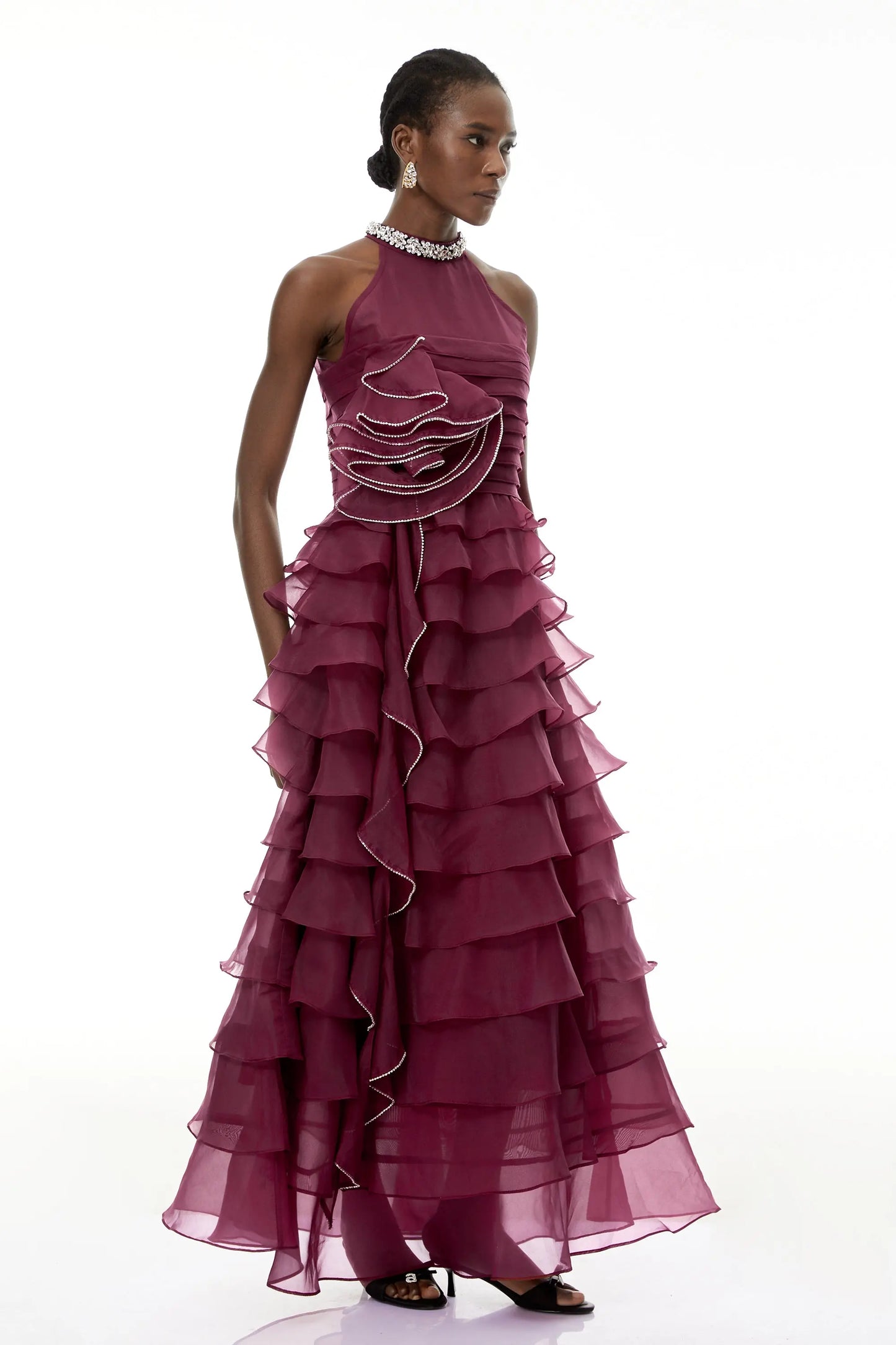 Samantha Red 3D Petal Ruffled Rhinestone Embellished Maxi Dress Avalabel