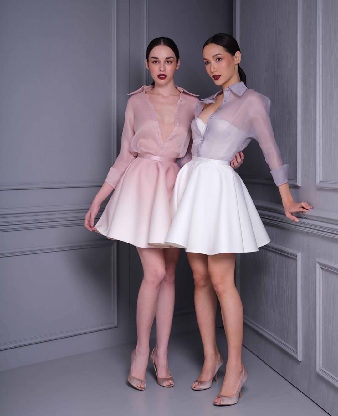 roberta pink long sleeve silk shirt mini skirt set