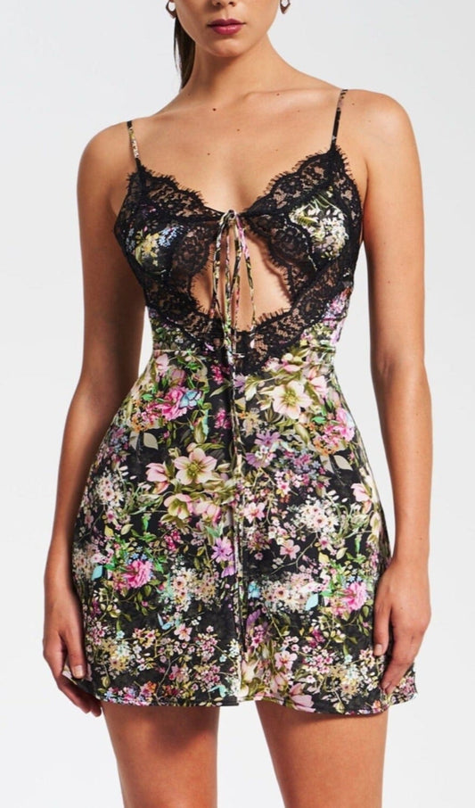 FLORAL PRINT SATIN MINI DRESS WITH LACE TRIM Dresses styleofcb
