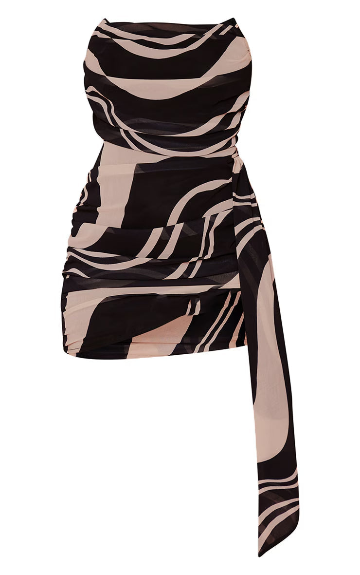 Black Swirl Print Draped Chiffon Bandeau Bodycon mini Dress Avalabel