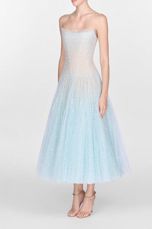 BLUE DRAPED LACE MIDI DRESS Avalabel
