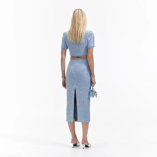 BLUE SEQUIN BOUCLE CROP TOP Avalabel