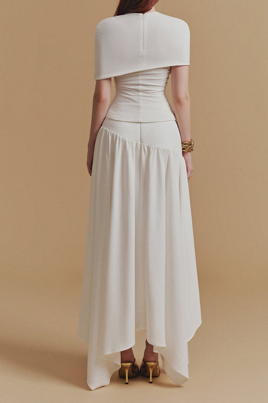 CASSIA Asymmetrical Ruched Top Midi Skirt Set in White Avalabel