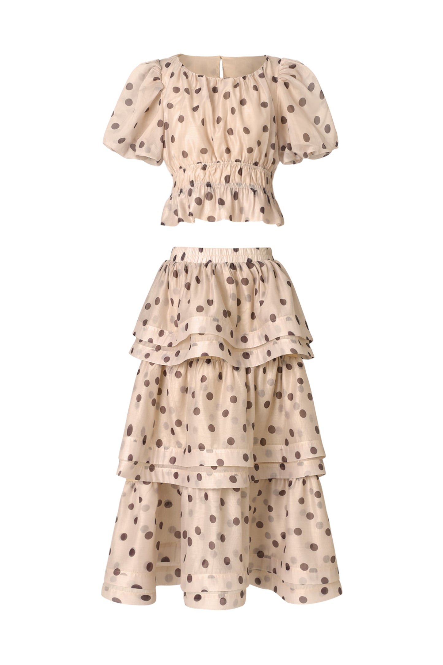 Damla Beige Puff Sleeves Dot Printed Top and Skirt Two-Piece Set
