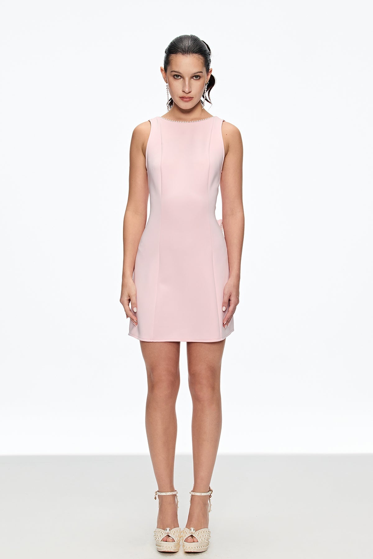 Bernice Pearl Bow Backless Mini Dress in Pink