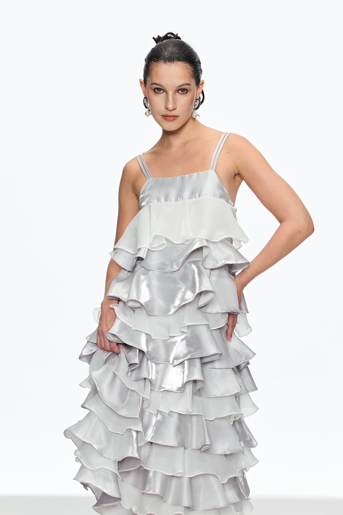 griselda Ruffle Spaghetti Midi Dress in silver Avalabel