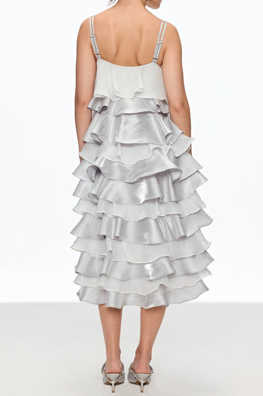 griselda Ruffle Spaghetti Midi Dress in silver Avalabel