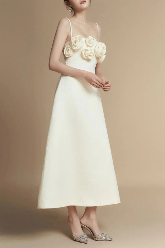 A-line Flower Applique Linen Rayon Midi Dress Avalabel