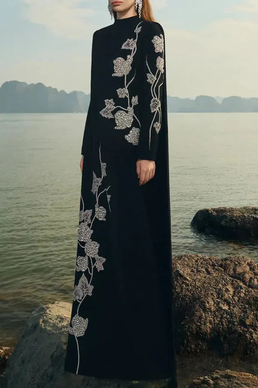 gloria High Neck Asymmetric Crystal Embellished maxi Dress in black