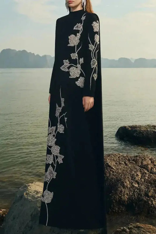 gloria High Neck Asymmetric Crystal Embellished maxi Dress in black Avalabel