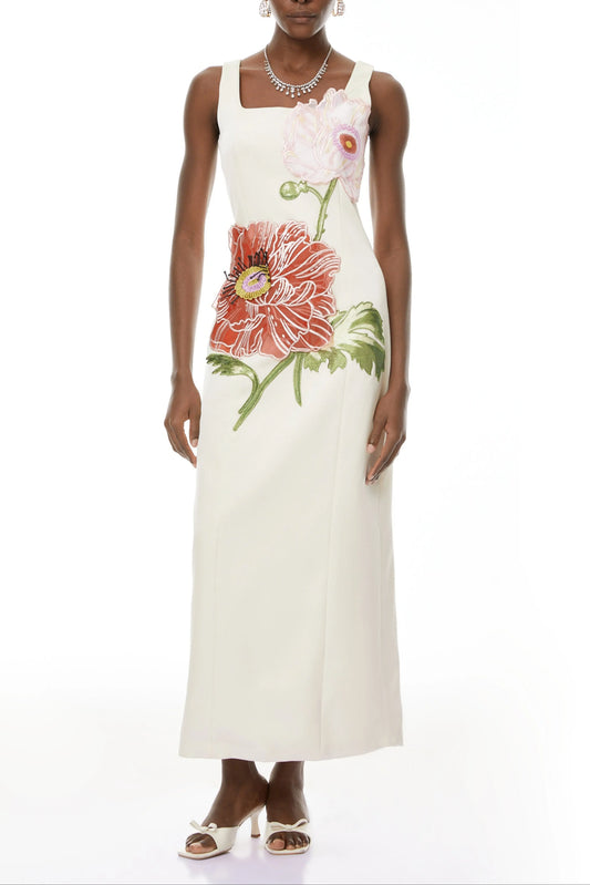 nicola square neck flower embroidery satin maxi dress in apricot Avalabel