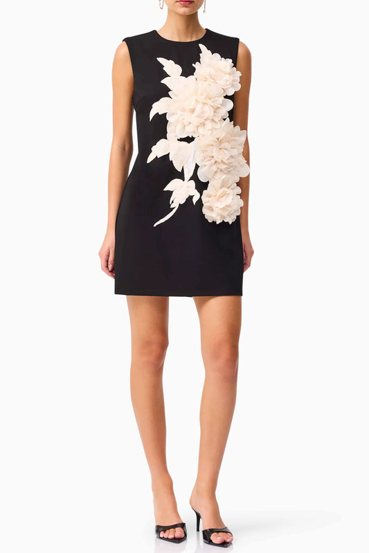 mandy 3d flower embellished Mini Dress in Black Avalabel