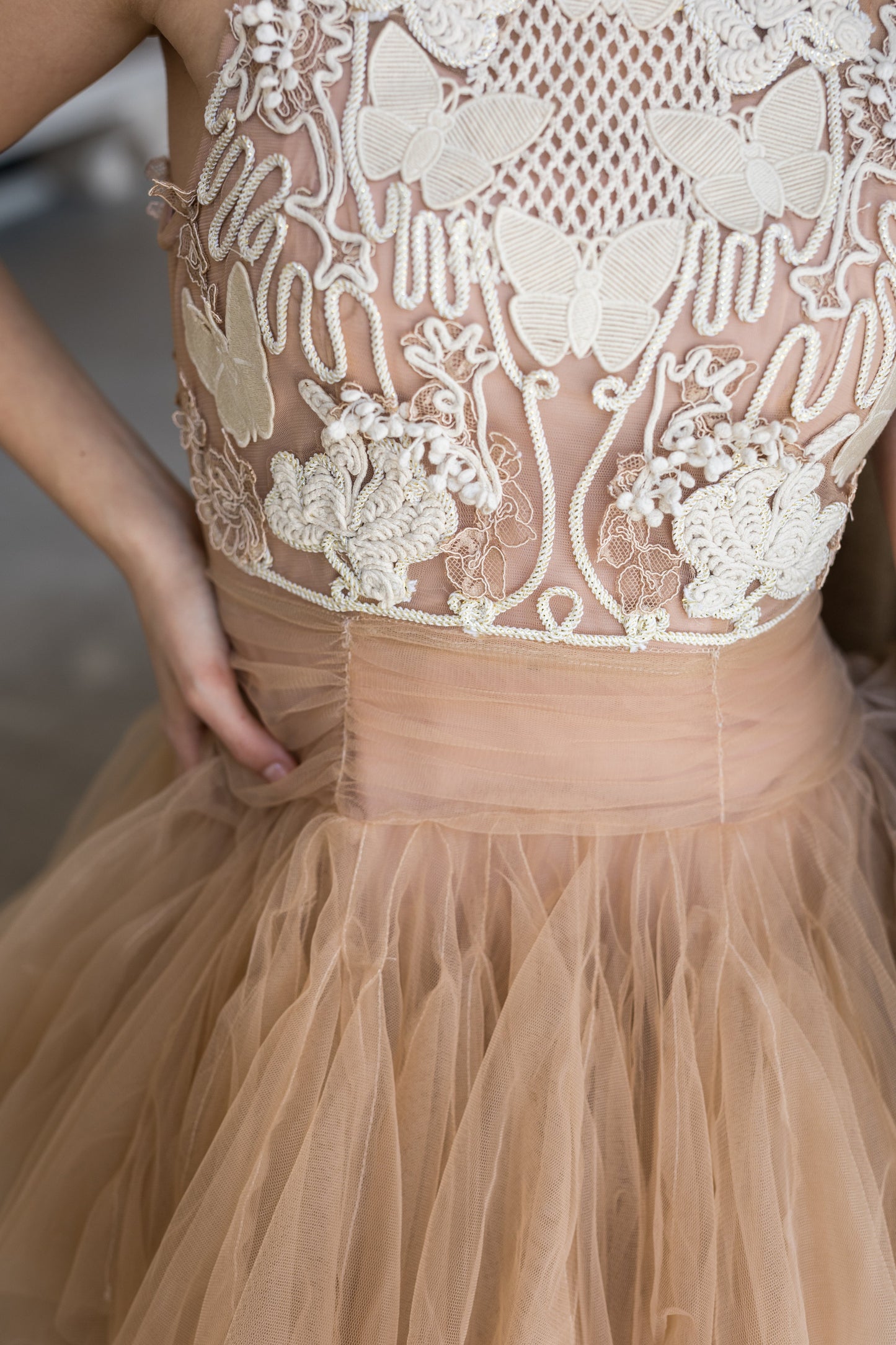 Ballerina | Beige Tulle Mini Dress with 3D Applique