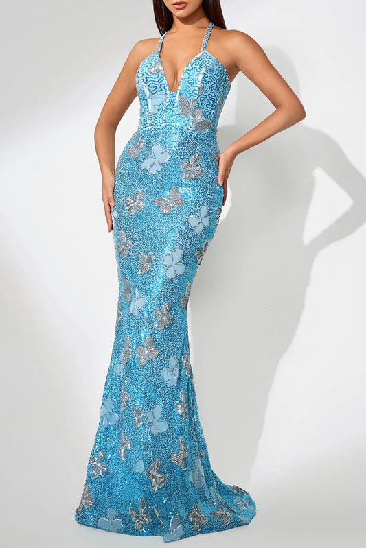 Jennifer Sequin Butterflies Embellished Maxi Dress in Blue Avalabel