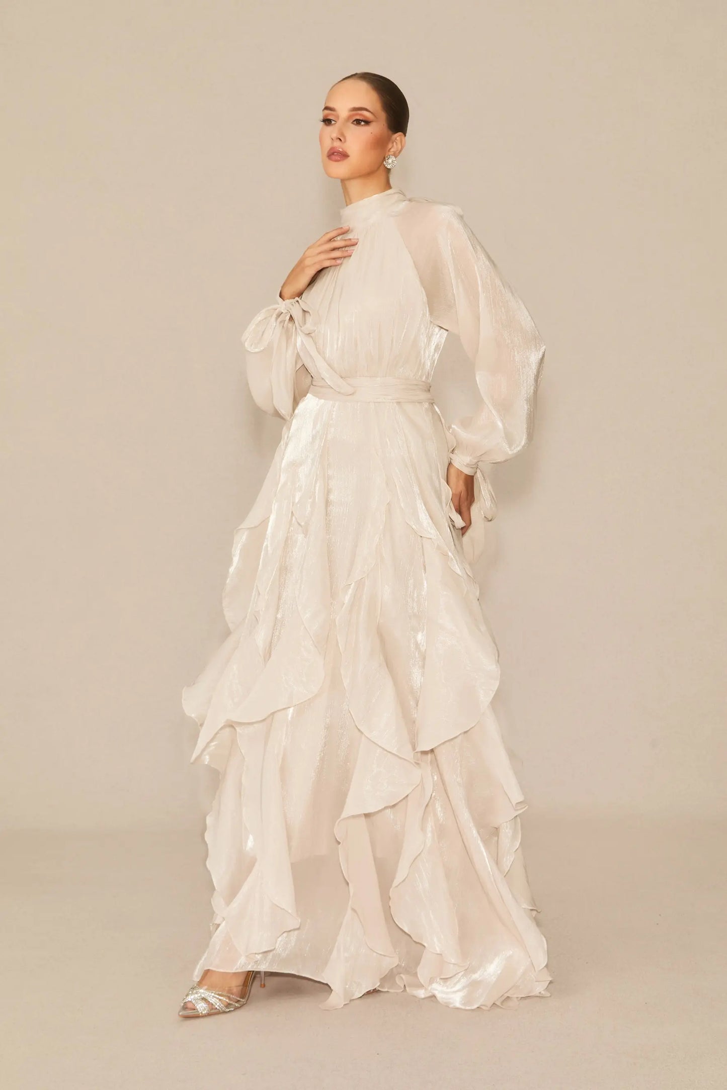 Pandora Puff Sleeve Ruffle Trim Maxi Dress in Apricot Avalabel