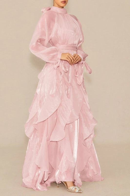 Pandora Puff Sleeve Ruffle Trim Maxi Dress in Pink Avalabel