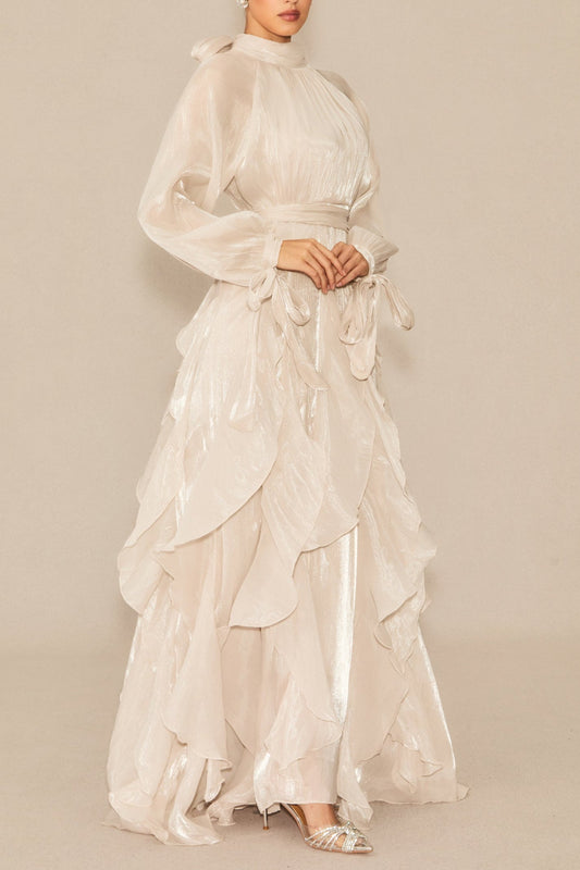 Pandora Puff Sleeve Ruffle Trim Maxi Dress in Apricot
