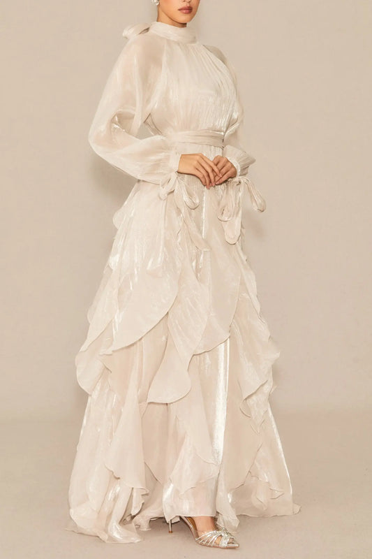 Pandora Puff Sleeve Ruffle Trim Maxi Dress in Apricot Avalabel