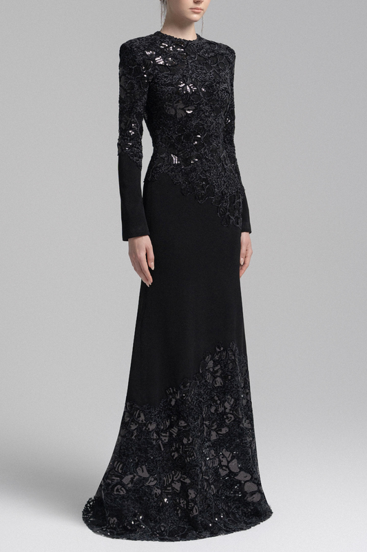 Jacqueline Black Lace Embroidered Long Sleeve Maxi Dress