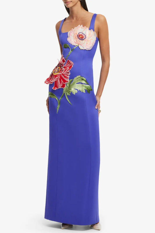 nicola square neck flower embroidery satin maxi dress in blue Avalabel