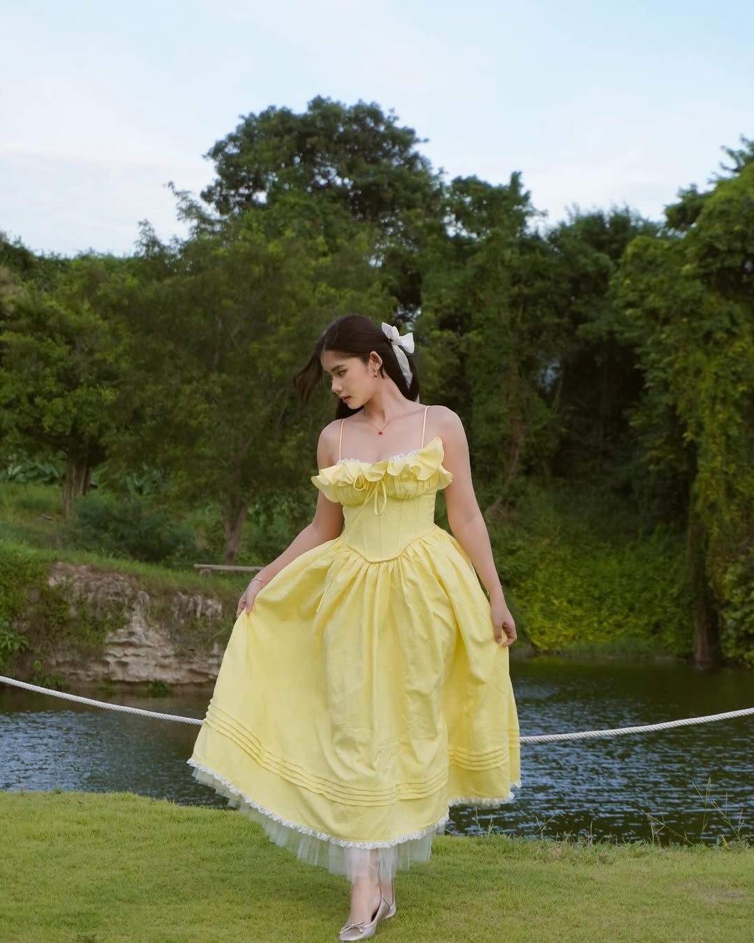 ruffle corset puffy maxi dress in yellow Avalabel