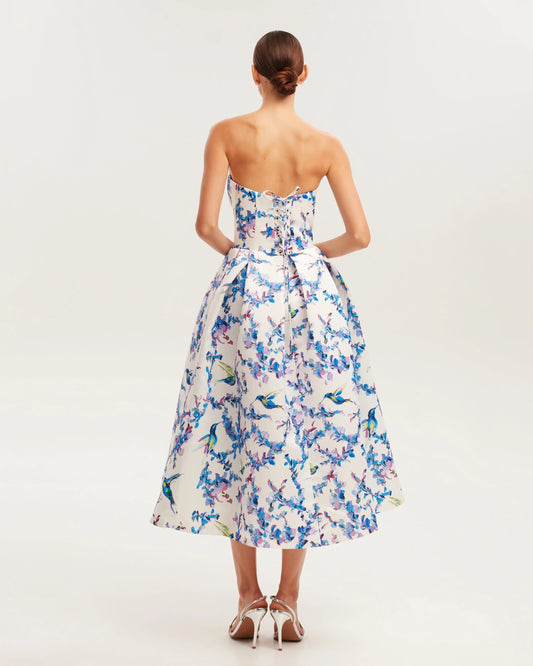 Strapless midi dress with bird and flower print, Garden of Eden Avalabel