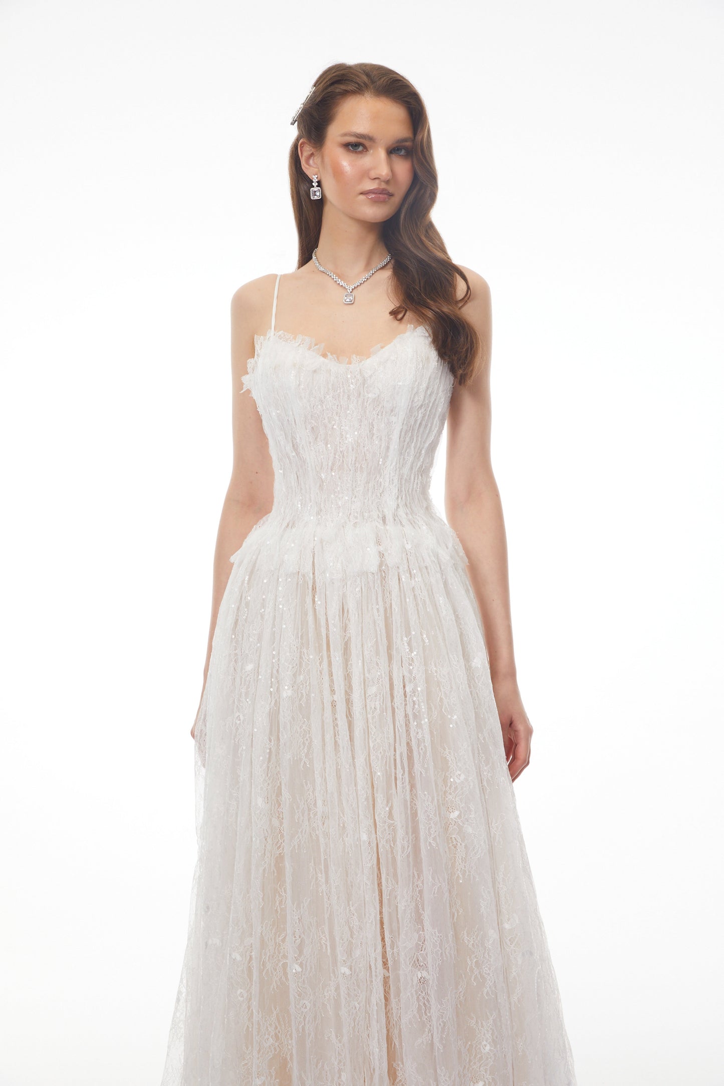 Nadir White Pleated Lace Maxi Dress