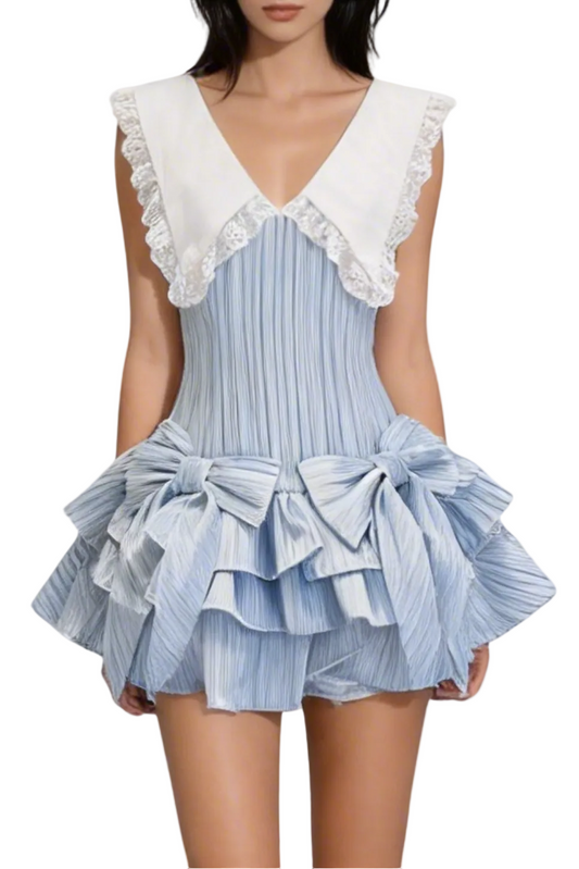 Nalaya Bow Stripe Puffy Mini Dress - Blue