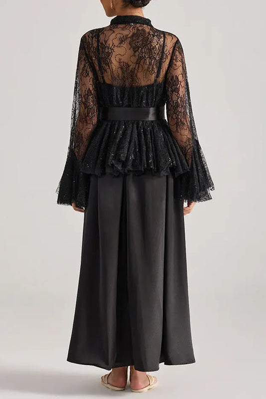 Tiffany Black Lace Bell-Sleeve Ruffle Embroidered top maxi skirt set Avalabel
