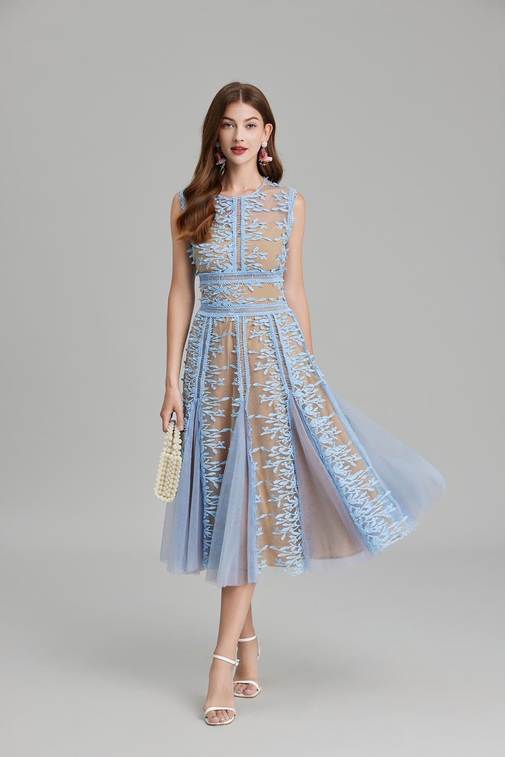 Phoenix 3D Embroidered Lace Mesh Midi Dress in Blue
