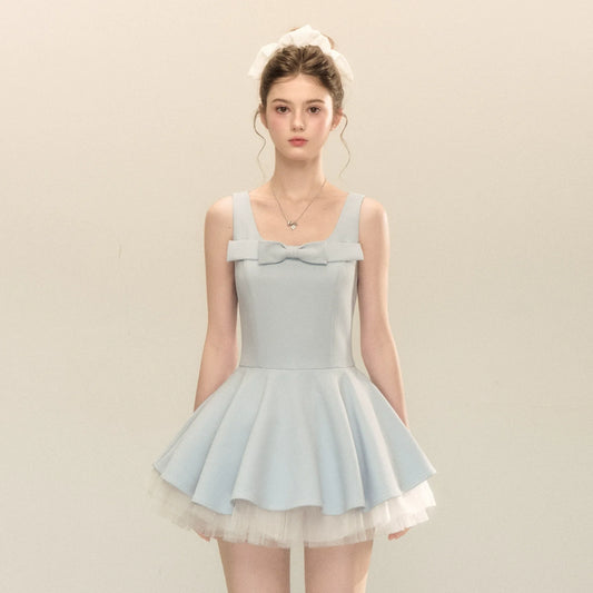 spliced mesh puffy mini dress