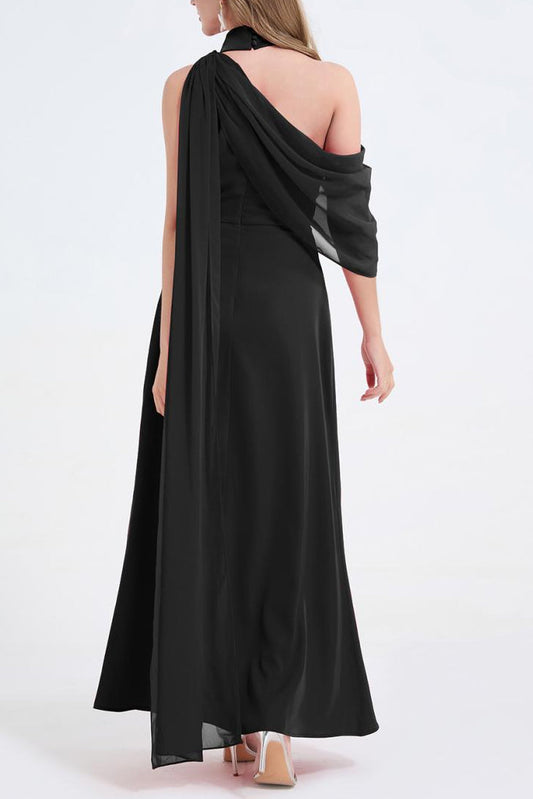 Tammy Tailored One-Shoulder Detachable Collar Maxi Dress in Black