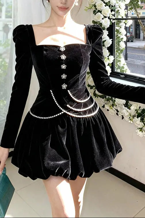 vanessa black square neck rhinestone velvet mini dress Avalabel