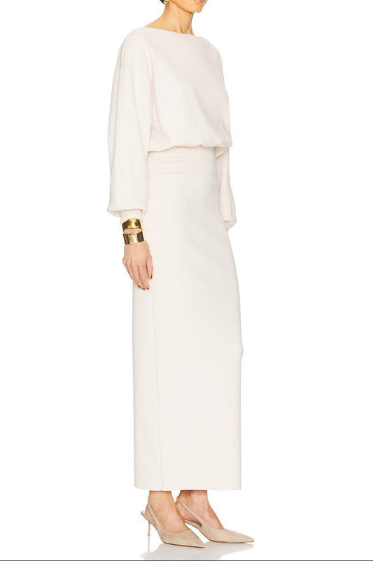 Edith High Elastic Long Hip Maxi Dress in White Avalabel