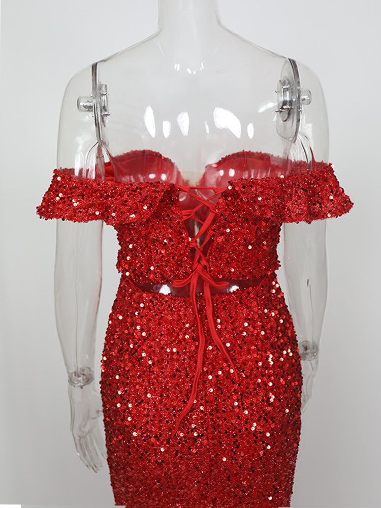RED OFF-SHOULDER SEQUIN DRESS Avalabel